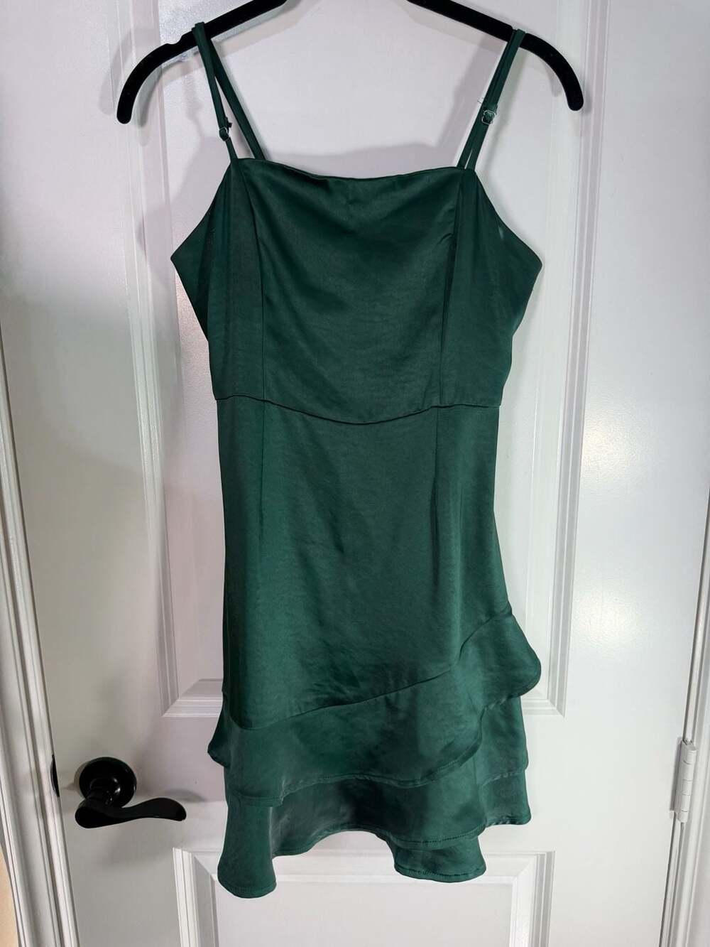 Lulus Emerald Green Satin Spaghetti Strap Layered Ruffle Hem Mini Dress XS